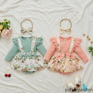 Purp-2pcs bebé verano traje, Floral empalme O-cuello mangas largas tirantes falda mameluco + diadema para niñas