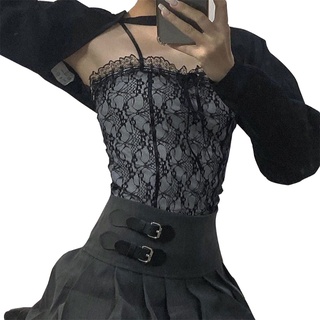 SA Women Summer Spaghetti Strap Crop Top Sexy Ruffles Floral Lace Square Neck Camisole Gothic Punk Harajuku Sweet Bowknot Slim Vest Shirt Streetwear