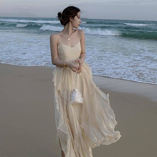 🦄 falda 🦄 Vestido de novia nupcial Pequeño vestido de noche Vestido formal vestido de noche ✪Francés super Hada vacaciones Vestido de playa para las mujeres Hainan Sanya viaje sexy sin espalda tirantes vestido flounced Tailandia✿
