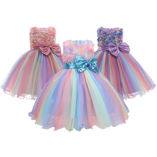 1-10 años de edad flores niñas vestido de verano arco iris malla arco bebé princesa vestidos para navidad cumpleaños fiesta vestido de niños ropa (1)