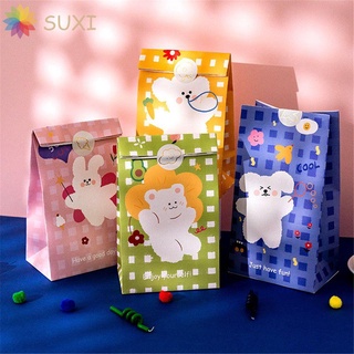 Yuxi 6 pzs Bolsa De Papel con adhesivos De oso a cuadros De color coreano/Mini empaque Para lonch/galletas/dulces (1)