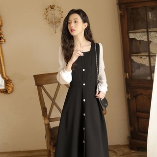 Little black dress long skirt tea break skirt square collar black French retro dress Hepburn style female 2021 (2)