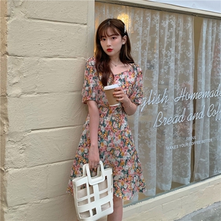 verano floral vestido nuevo estilo coreano cintura abrazo delgado retro niña pintura al óleo vestido de señora
