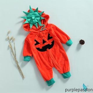 Purp-baby - mameluco con capucha de calabaza, manga larga, de una pieza, cremallera completa, disfraz de Halloween