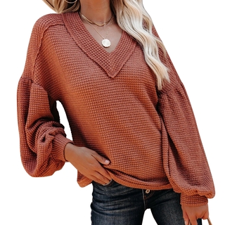 APOLOGIZE-Women Fashion Long Sleeve V-neck Top Lantern Sleeve Solid Color Loose