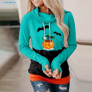 nlshime Top Women Sweatshirt Halloween Element Printing Drawstring Sweatshirt All Match for Halloween