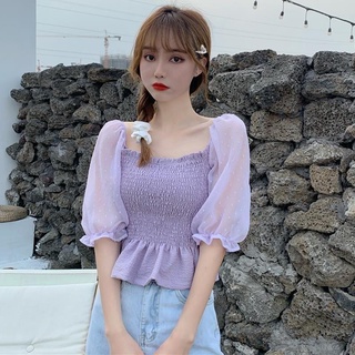Francés lunares malla gasa camisa de las mujeres de verano coreano sexy fuera del hombro superior blusa