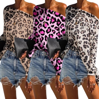 brroa mujer sexy fuera del hombro murciélago manga larga camiseta vintage leopardo impreso blusa suelta casual fiesta jersey tops
