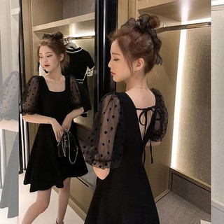 French niche dress female temperament was thin 2021 popular day short-sleeved small net yarn open back skirt (3)