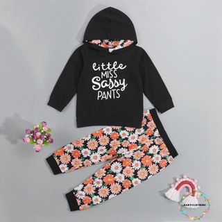 Bbcq-girls - conjunto de ropa Casual de dos piezas, jersey con capucha negro y pantalones estampados florales