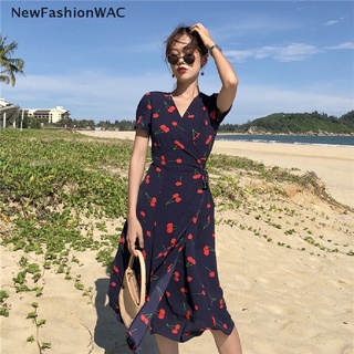 [NewFashionWAC] Cherry Impreso Vestido Envuelto Mujeres Coreanas Moda Corta Slim Manga Maxi Vestidos Venta Caliente