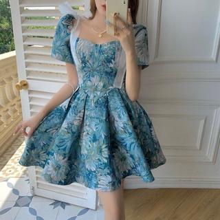 francés floral vestido temperamento cintura controlada falda corta puff manga falda