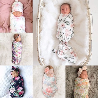 t1rou 2 piezas recién nacido floral envolver+diadema conjunto de bebé bebés algodón recibir manta saco de dormir banda de pelo