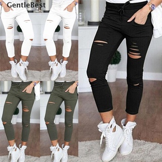[GentleBest] moda mujeres rasgado agujeros Capri-pantalones lápiz cintura alta pantalones flacos pantalones [GentleBest]