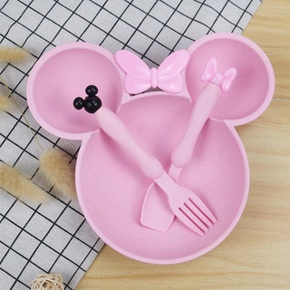 3 en 1 bebé Minnie Bowl cuchara frok Set vajilla de caja Bowl de papel] Mickey paja plato de de S1M8 (5)