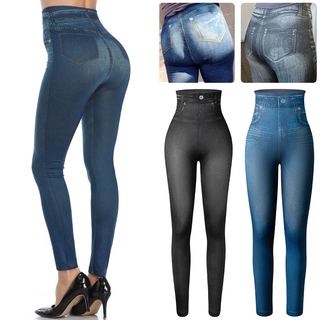 Polainas de mezclilla de imitación con bolsillo de cintura alta forrada de lana caliente de las mujeres polainas Jeans impresión Fitness Leggins