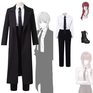 Disfraz de motosierra para hombre y mujer, traje de Cosplay de Anime Makima, camisa de gabardina negra, pantalones de corbata, botas, peluca larga, tr