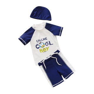 Conjunto de traje de baño de niño, estampado de letras Tops de manga corta + pantalones cortos + gorra