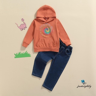 Conjunto de ropa Casual de dos piezas para chicas, color naranja girasol estampado jersey con capucha y Jeans