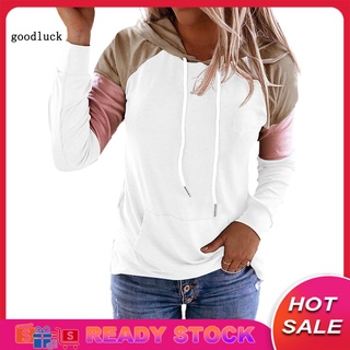 [Ready Stock] Lady Casual Loose Long Sleeve Color Block Hoodie with Pocket Pullover Sweatshirt