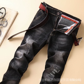 Otoño Invierno Cepillado Engrosado Jeans Hombres Estiramiento Slim-Fit Pies Versión Coreana Moda Juventud Negro