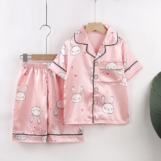 Los Niños Pijamas Conjunto De Bebé Traje De Ropa De Niño Niñas Hielo Seda Satén Tops Pantalones En Casa (4)