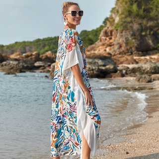 Wust mujer étnica turca Kaftan colorido Floral impresión abstracta Bikini traje de baño cubrir Sexy V-cuello de malla transparente de gran tamaño Maxi largo vestido de playa (9)
