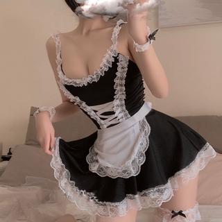 Women Sexy Lace Maid Splicing Sling Siamese Thong Underwear Maid Skirt Dress (1)