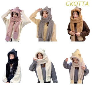 gkot 3 en 1 invierno cálido con capucha bufanda invierno mujeres felpa caliente bufanda sombrero conjunto señora