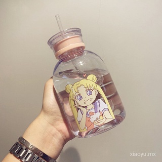 YL🔥Stock listo🔥Sailor Moon Anime plástico transparente con paja botella de agua de dibujos animados esmerilado botella de agua a prueba de fugas bebida lindo estudiante chica regalo taza (2)