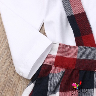 Ljw-zz conjunto de ropa de bebé niñas Check impresión botón liguero falda+ cuello redondo manga larga Color sólido volantes Top