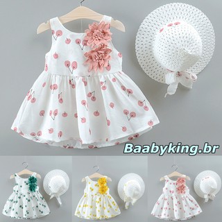 * Baabyking : Vestido De Princesa Impreso Con Estampado De Cereza Para Niños Y Niñas/Conjunto De Sombrero