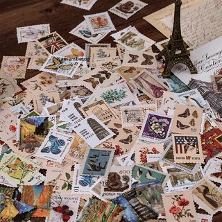 [Kamembetop] Vintage Postage Stamp Stickers Set (276 Pieces) - Botanical Deco Sticker .