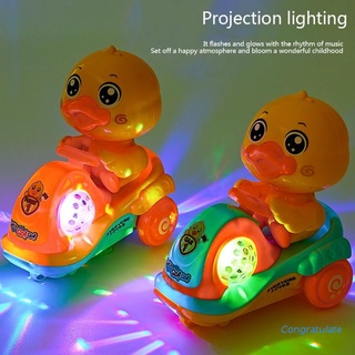 felicitar música luz bebé gatear juguetes de dibujos animados swinging pato truco motocicleta girar 360 grados deslumbrante luces de color juguete de bebé