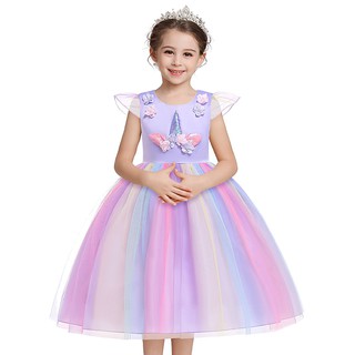 Arco iris unicornio niñas vestido de verano de malla de moda fiesta de cumpleaños princesa vestidos para navidad disfraz de Halloween ropa de niños (1)