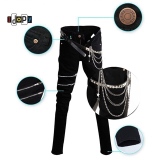 idopy moda slim fit pantalones de mezclilla estilo punk de alta elástico elástico cremalleras gótico botón jeans pantalones para hombres con cadena