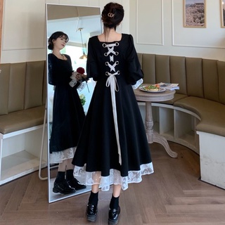 Large Size Women's French Retro Court Dress Long-Sleeve Stitching Lace Long Dresses