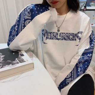 Top mujer primavera t-shirt de manga larga suelta americana retro anacardo flor estudiante fondo camisa