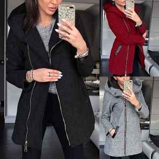 yitiane moda de las mujeres de Color sólido con cremallera de manga larga con capucha de bolsillo chamarra abrigo ropa de abrigo