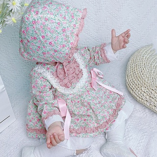 [questre] Vestido De Princesa Con Estampado Floral De Manga Larga Para Bebés Recién Nacidos + Sombrero (5)