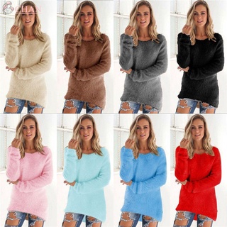 CHAN De punto Mujer Tops Blusa Mullido Suéter largo Jerseys Jersey cálido Color sólido Mujer O-cuello Forro polar suelto de invierno/Multicolor