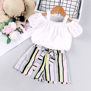 LEFTMAMA Girs conjuntos de ropa de algodón Casual de manga corta fuera del hombro superior camiseta + pantalones cortos de rayas traje adecuado para 2-6 años (1)