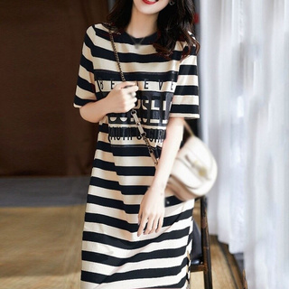Korean Style Spring Summer Simple Retro Loose Striped Letter Printing Long Style Shirt Dress
