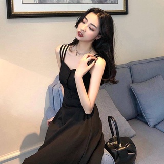 Verano nuevo vestido de liguero sexy negro temperamento largo Hepburn pequeño blac