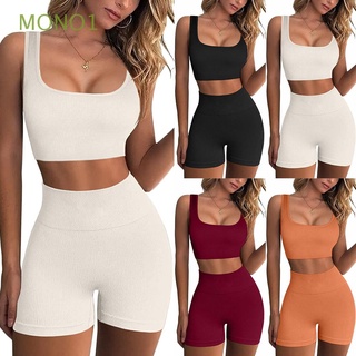 MONO1 2 Piece Fashion Workout Sets for Women Gym Yoga Sets Seamless Workout Sets Ribbed Running Shorts Crop Tank Running High Waist Sport Bra/Multicolor