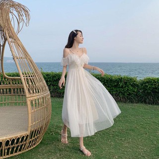 Vestido pequeño🎀🎀🎀🎀primavera y verano nueva falda de malla playa vacaciones super hadas falda Hainan Sanya slim liguero vestido femeninobridesmaid ropa de boda vestido (1)