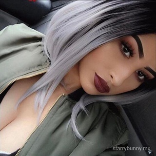 Peluca femenina Pelo Largo liso negro gradiente gris pelucas sintéticas
