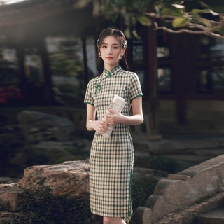 Nueva Niña Vestido De Verano Elegante Cuadros Cheongsam 2022 Retro Qipao Verde Mejorado Moderno Oriental