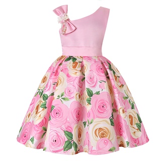 Verano Niñas Inclinado Hombro Arco Vestido Satén Rosa Impresión Princesa Fiesta Rendimiento Tutú (7)