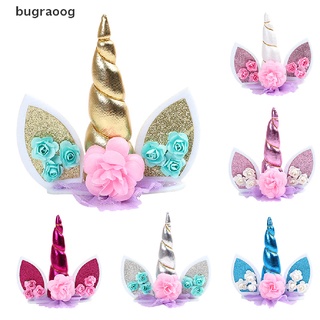 bugraoog unicornio decoración de tarta de cumpleaños topper lindo cuerno orejas flor fiesta adorno prop mx